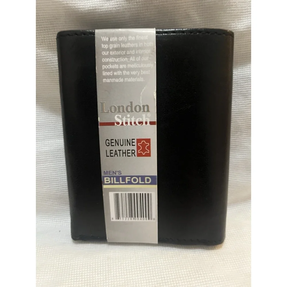 London Stitch Men's Trifold Black ‎ Genuine Leather Billfold